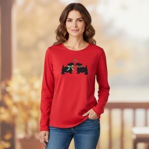 Red Long Sleeve Top Two Scottie Dogs Mistletoe Holiday L Y2K Karen Scott